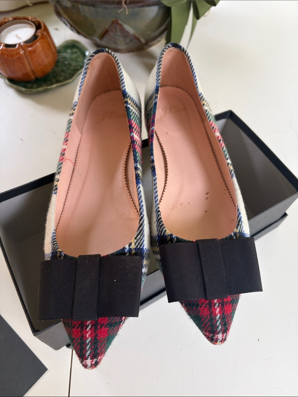 J. Crew Cream Multi Plaid Ballet Flat with Black Bow